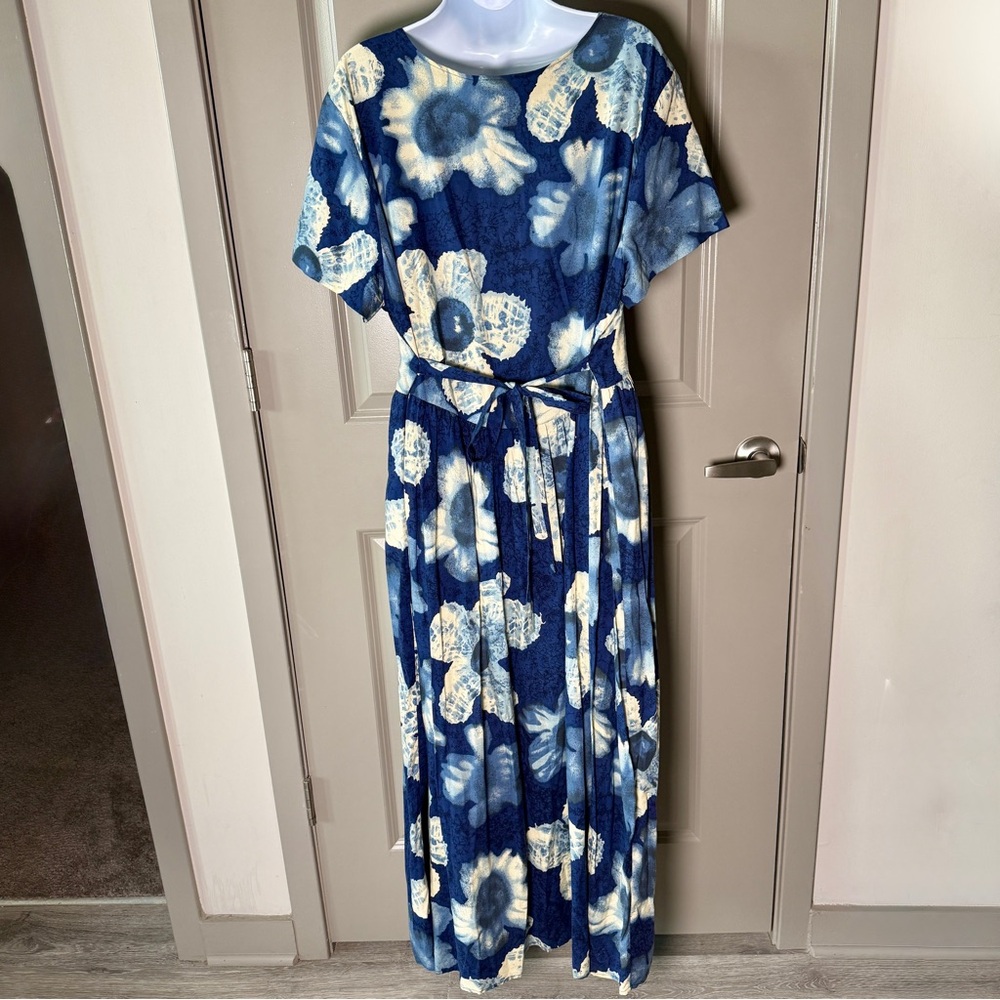 Vintage Maxi Dress XXL Blue Floral Bold Print Tie Waist Boho 90s - Picture 3 of 6